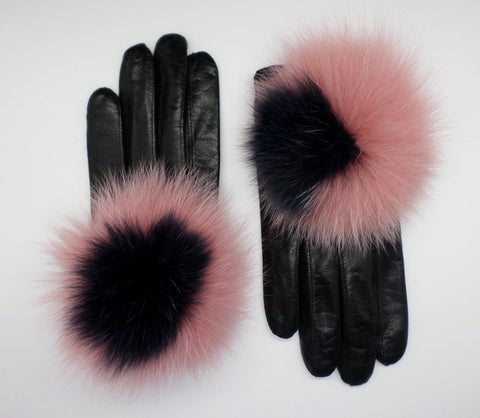 Leather gloves with fur PomPom - Black